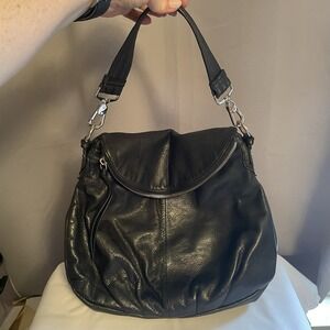 Margot Soft Black Leather Medium Shoulder Hobo Bag Zip Fold Over Purse